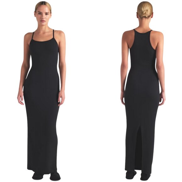 SKIMS Cotton Rib Long Cami Maxi Dress Women's XL Black Soot Ribbed Slit NWOT - Picture 1 of 15